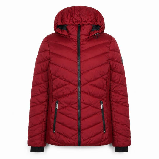 Front view of HFX women’s red quilted jacket, size S, zip