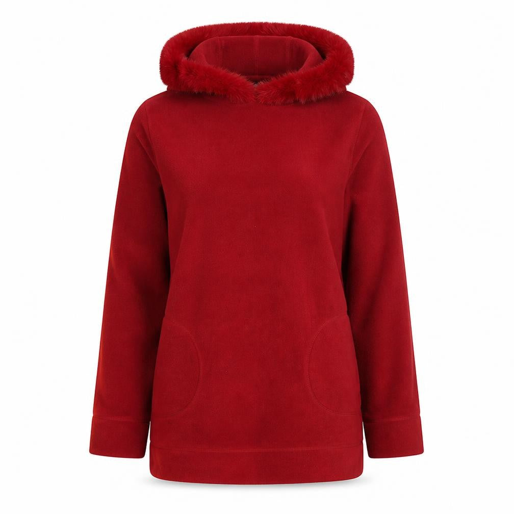 Front view of NAF NAF women’s red polyester pullover hoodie, size M, pullover - fur hood pockets elbow patches