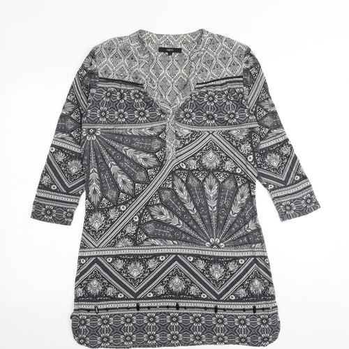 NEXT Womens Black Geometric Viscose A-Line Size 12 V-Neck Pullover
