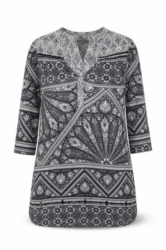 Front view of Next women’s black geometric viscose a-line, size UK 12, v-neck pullover