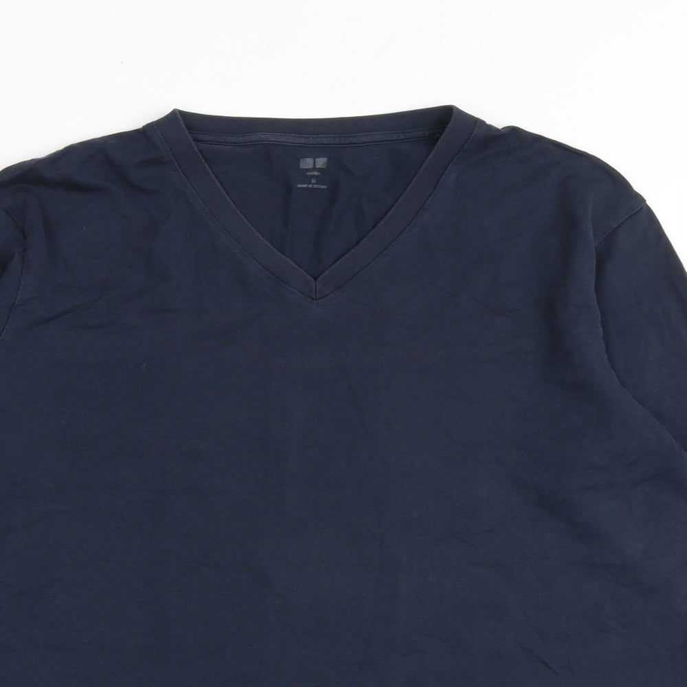 Marks and Spencer Mens Blue Cotton T-Shirt Size M V-Neck - Heatgen