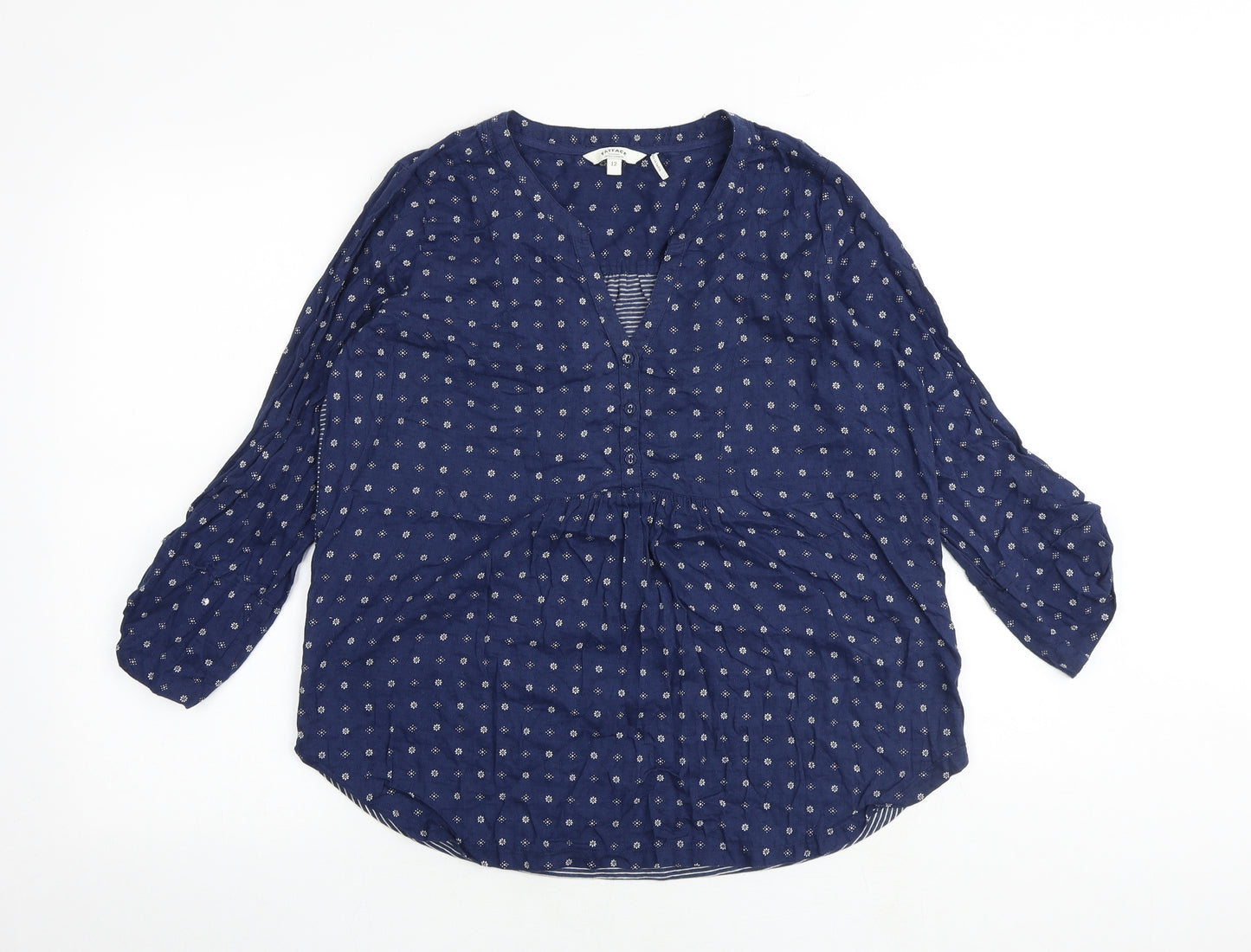 Fat Face Womens Blue Geometric 100% Cotton Basic Blouse Size 12 V-Neck
