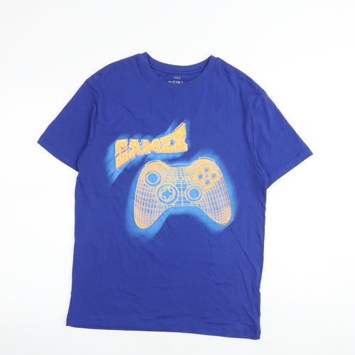 Marks and Spencer Boys Blue Cotton Basic T-Shirt Size 13-14 Years Round Neck Pullover - Gamer