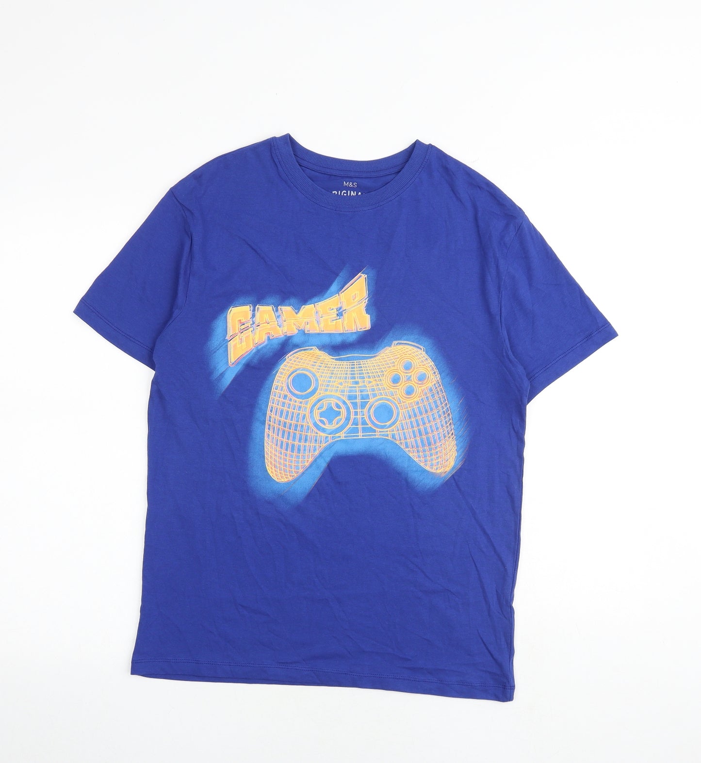 Marks and Spencer Boys Blue Cotton Basic T-Shirt Size 13-14 Years Round Neck Pullover - Gamer