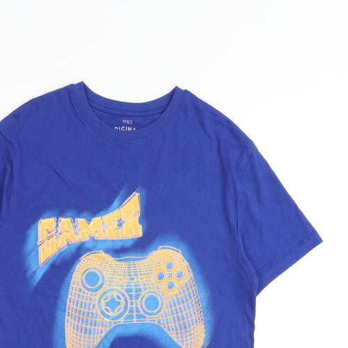 Marks and Spencer Boys Blue Cotton Basic T-Shirt Size 13-14 Years Round Neck Pullover - Gamer