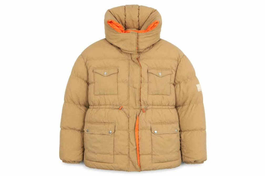 Front view of PRETTYLITTLETHING women’s brown puffer jacket jacket, size M, zip