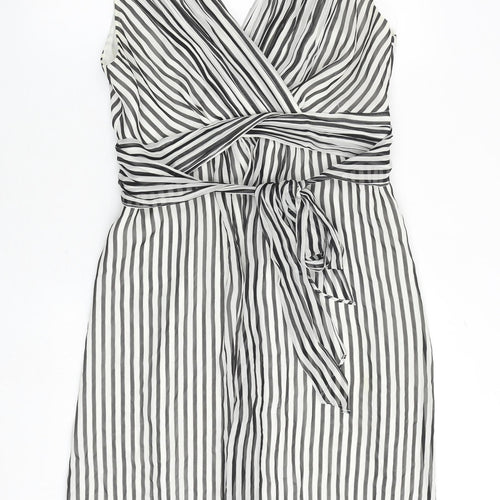 Coast Womens Black Striped Polyester A-Line Size 16 V-Neck