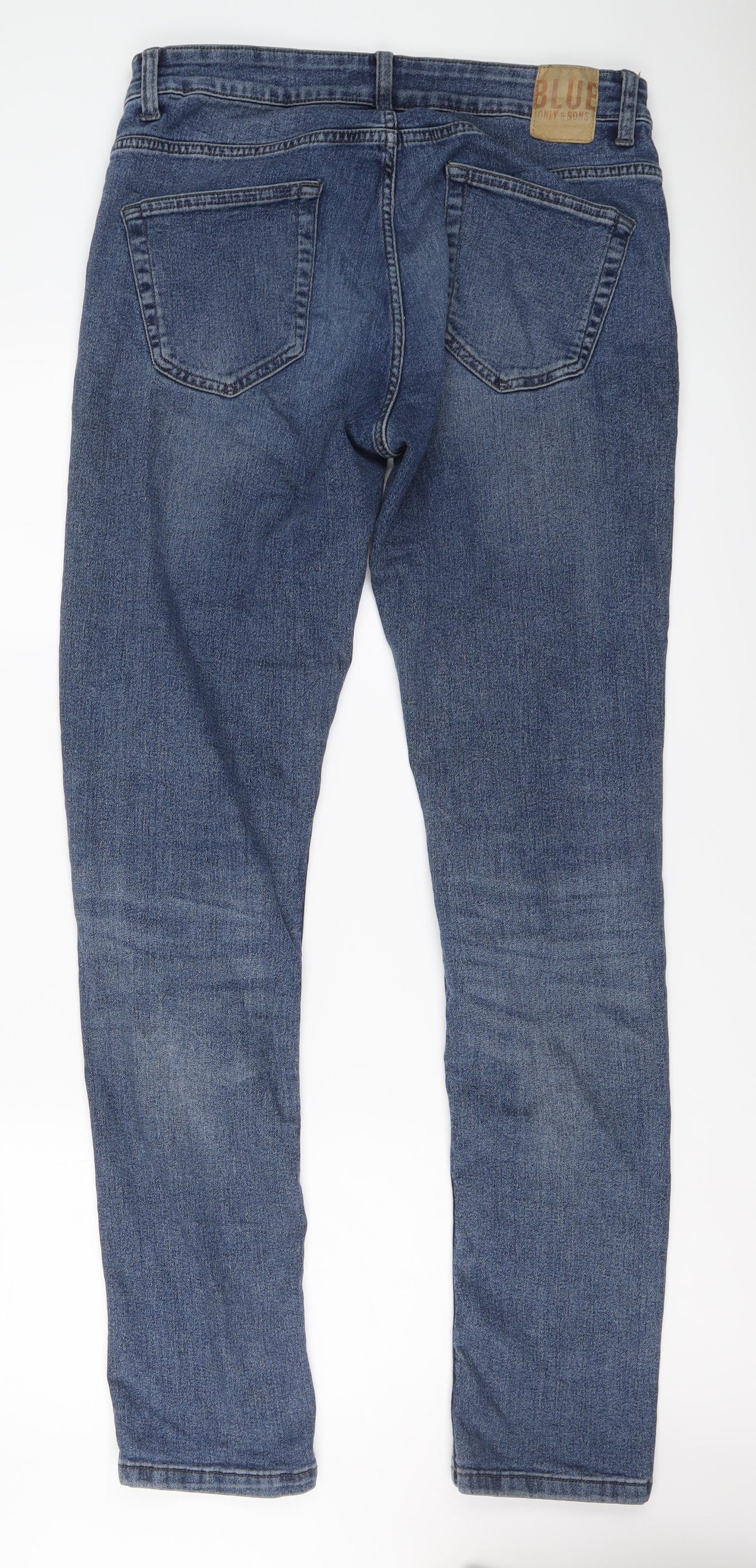 ONLY & SONS Mens Blue Cotton Skinny Jeans Size 32 in L34 in Regular Button