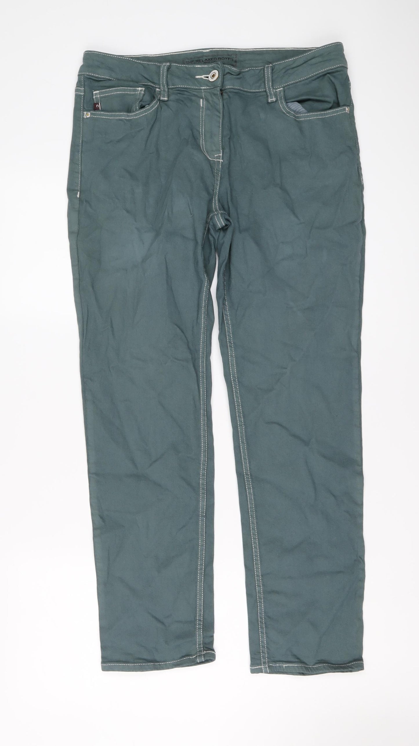 NEXT Womens Green Cotton Boyfriend Jeans Size 12 L27 in Relaxed Button