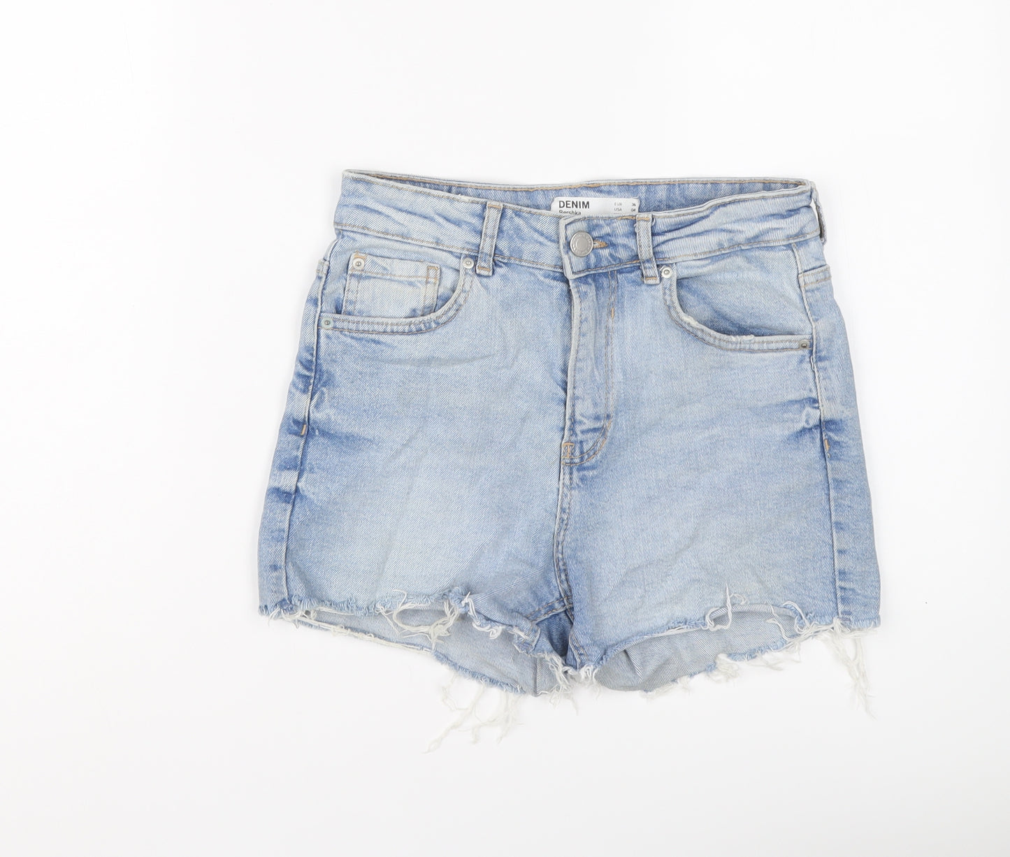 Bershka Womens Blue Cotton Cut-Off Shorts Size 8 L3 in Regular Button