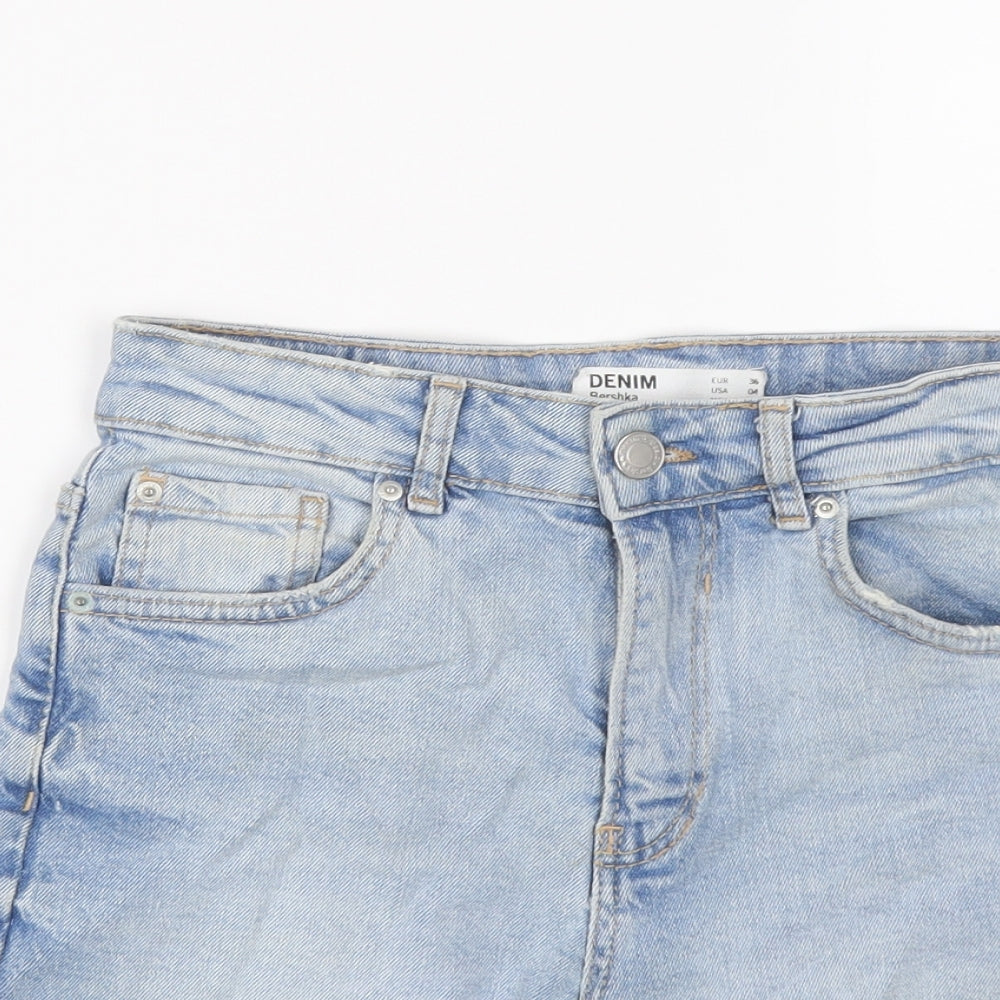 Bershka Womens Blue Cotton Cut-Off Shorts Size 8 L3 in Regular Button