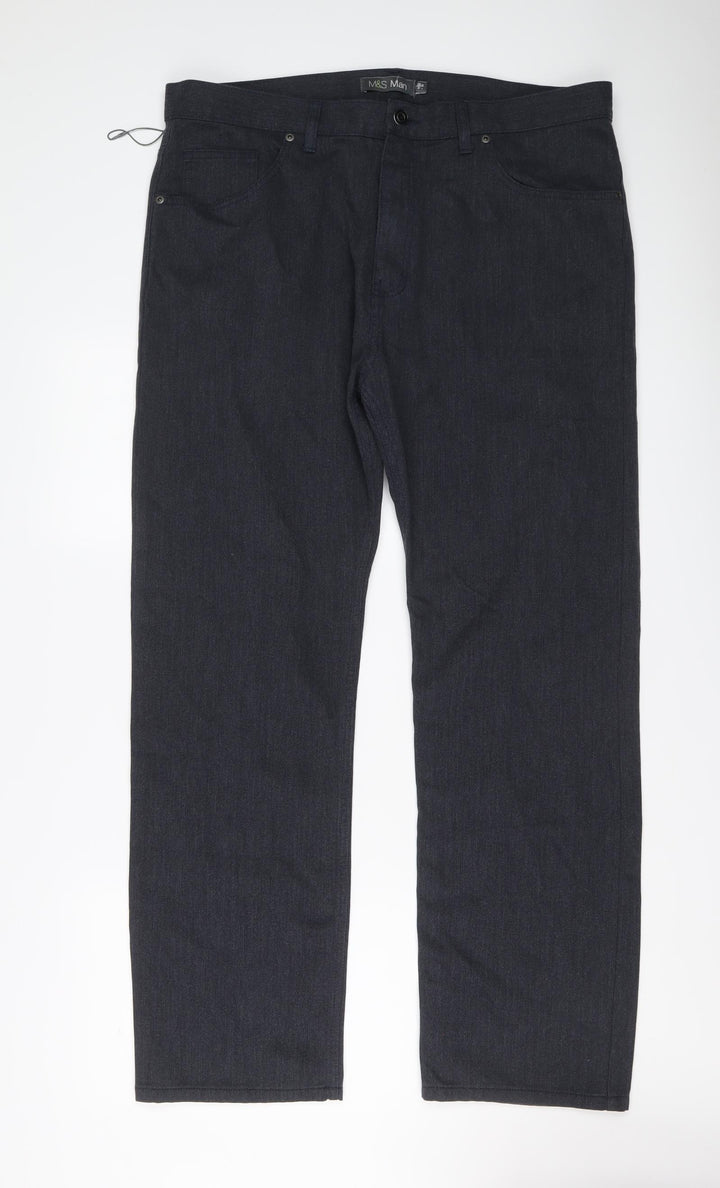 Marks and Spencer Womens Blue Cotton Trousers Size 38 L31 in Regular Button