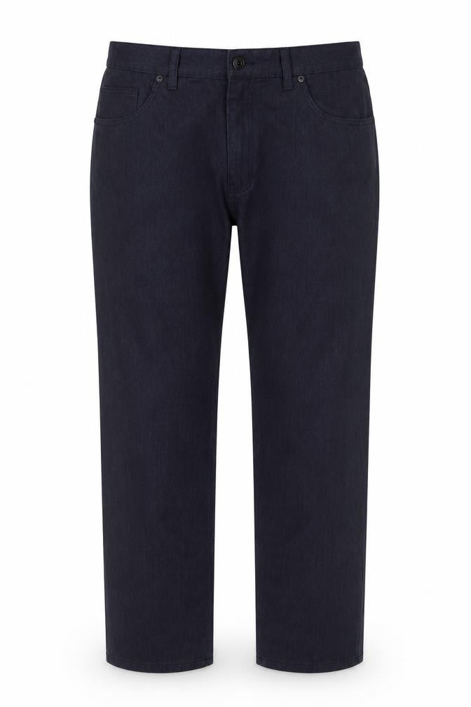 Front view of Marks & Spencer women’s blue cotton trousers, size UK 38, 31-inch leg regular button
