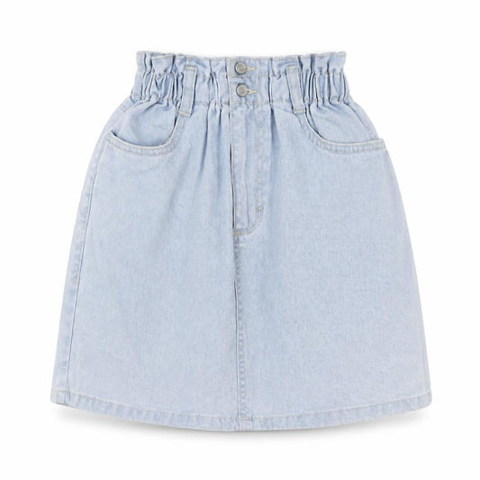 Front view of New Look women’s blue cotton a-line skirt, size UK 8, button