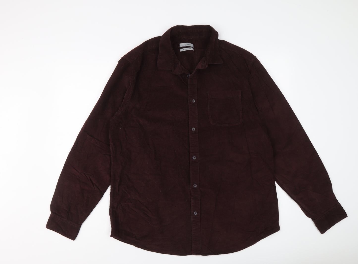 TU Mens Red Cotton Button-Up Size L Collared Button