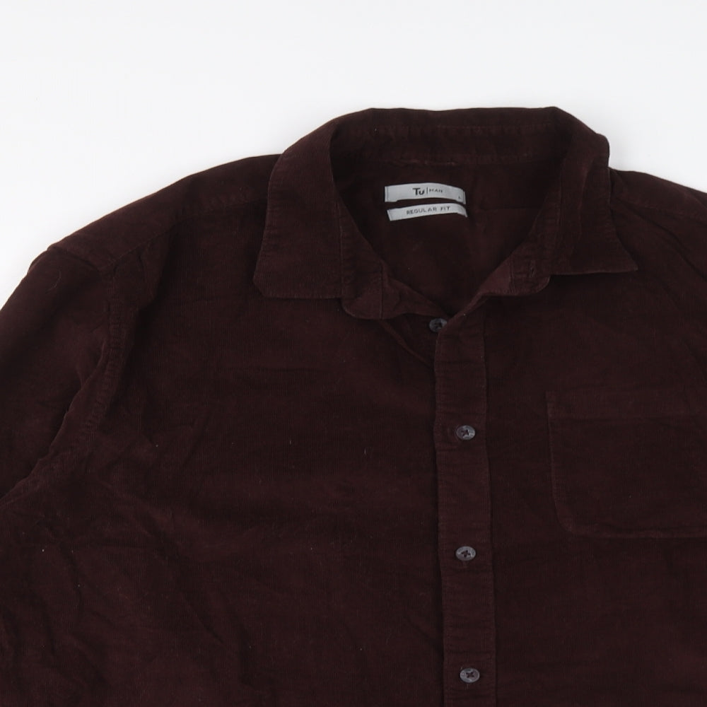 TU Mens Red Cotton Button-Up Size L Collared Button