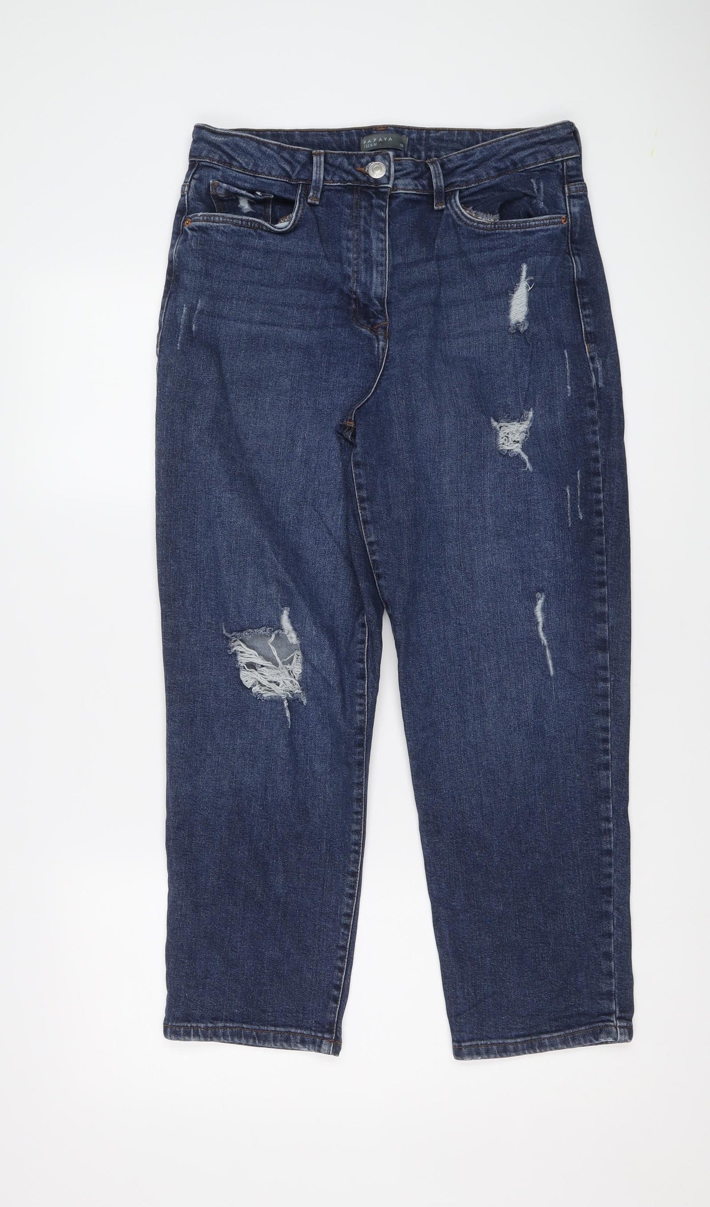 Papaya Womens Blue Cotton Boyfriend Jeans Size 12 L25 in Regular Button