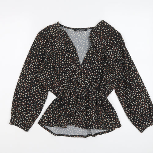 Boohoo Womens Black Geometric Polyester Basic Blouse Size 8 V-Neck