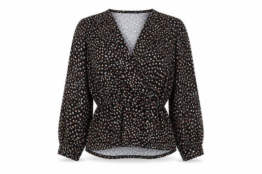 Front view of Boohoo women’s black geometric polyester basic blouse, size UK 8, v-neck