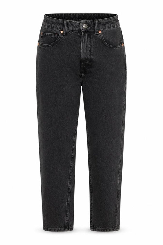 Front view of Zara women’s grey cotton boyfriend jeans, size UK 8, 26-inch leg regular button