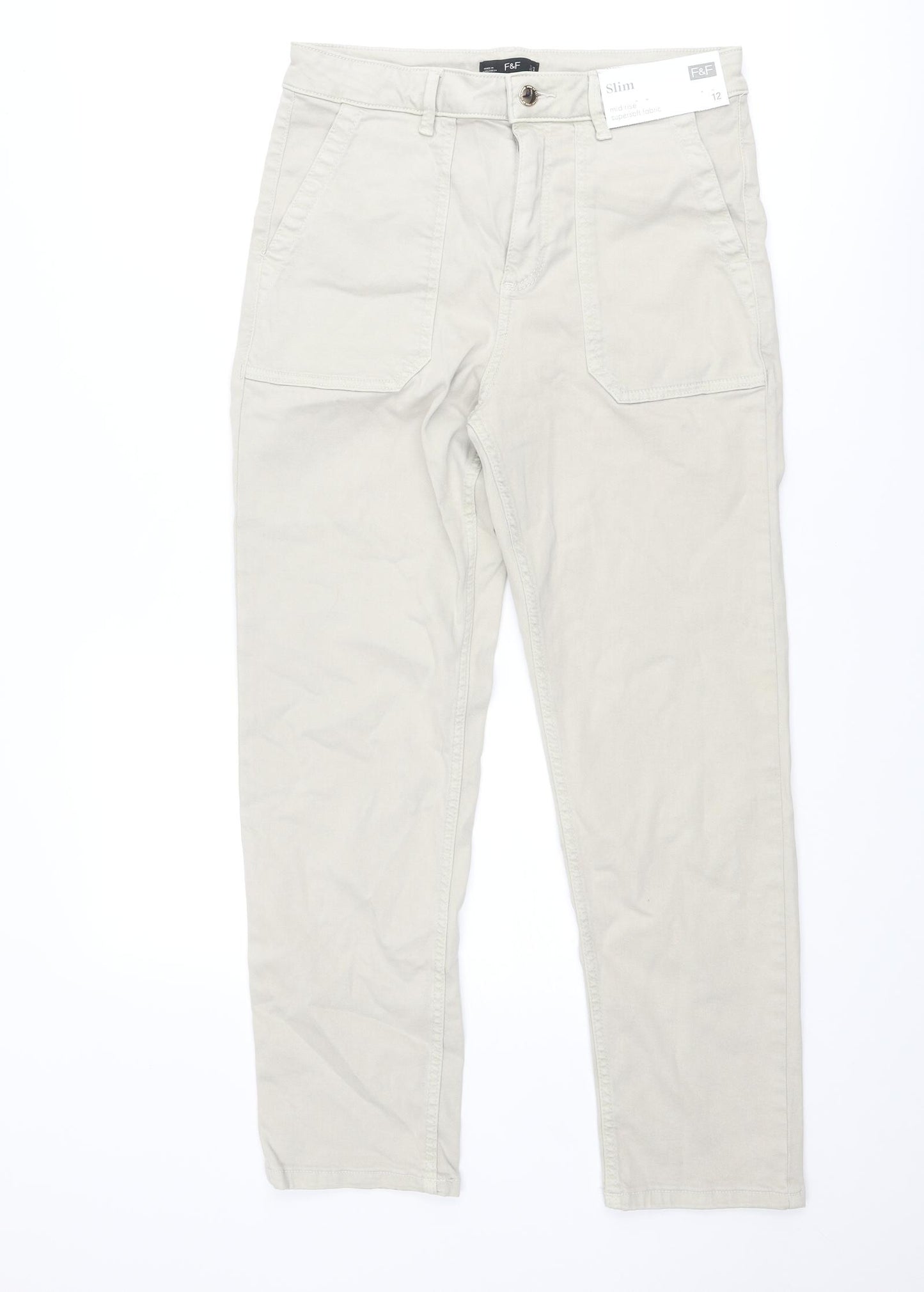 F&F Womens Beige Cotton Skinny Jeans Size 12 Slim Zip