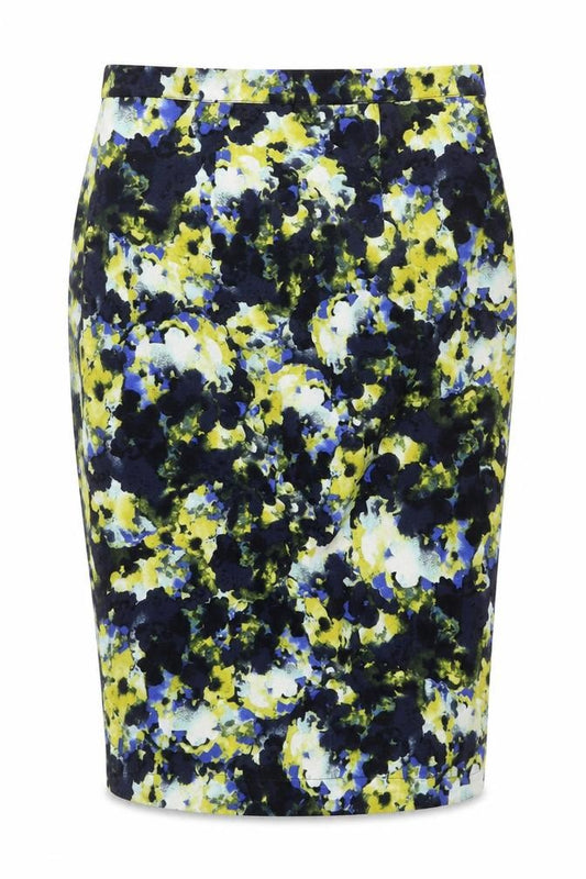 Front view of Warehouse women’s multicoloured geometric polyester straight & pencil skirt, size UK 6, zip