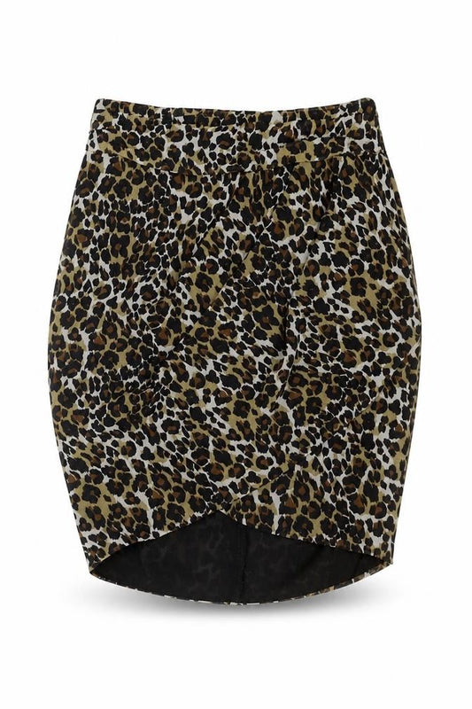 Front view of Mango women’s multicoloured animal print polyester a-line skirt, size UK 8, zip - leopard pattern