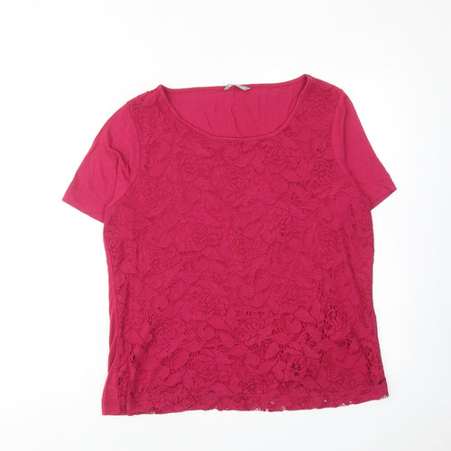 Marks and Spencer Womens Pink Viscose Basic T-Shirt Size 16 Round Neck - Lace Detail