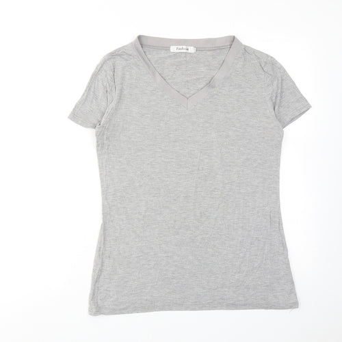 Fashion Womens Grey Viscose Basic T-Shirt Size S V-Neck
