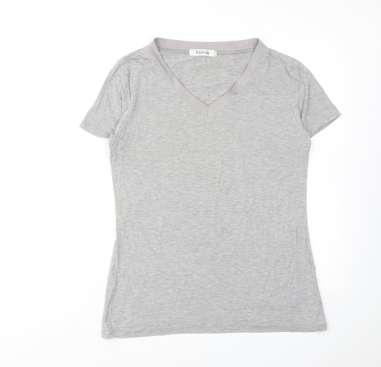 Fashion Womens Grey Viscose Basic T-Shirt Size S V-Neck