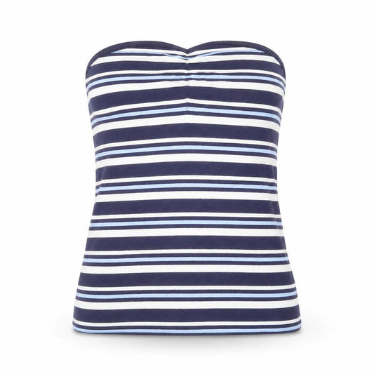 Front view of Next women’s blue striped cotton basic tank, size UK 12, sweetheart