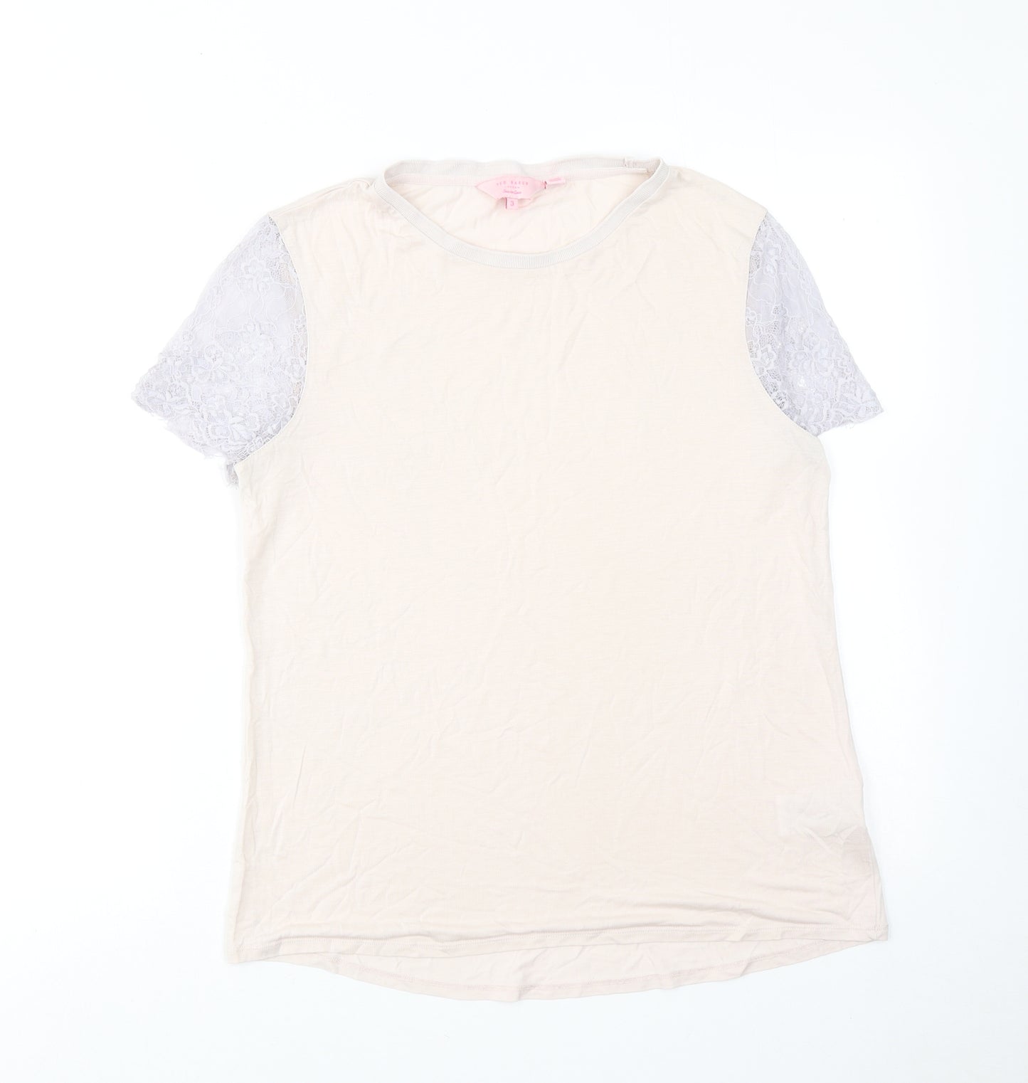 Ted Baker Womens Pink Lyocell Basic T-Shirt Size L Round Neck - Lace Sleeves