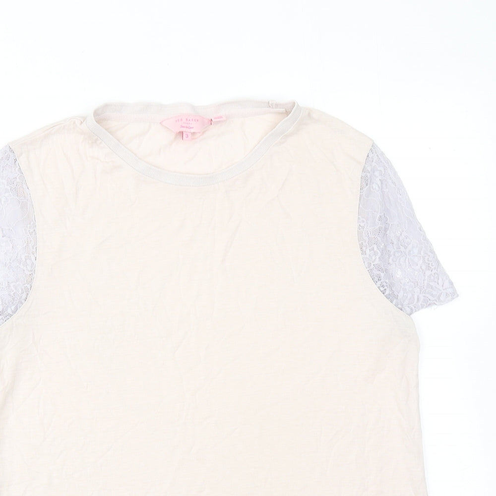 Ted Baker Womens Pink Lyocell Basic T-Shirt Size L Round Neck - Lace Sleeves