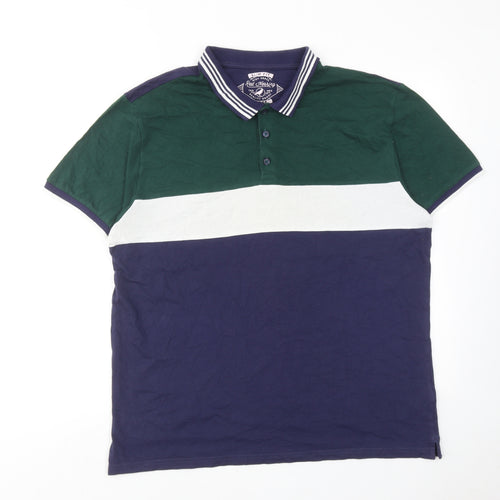 Red Herring Mens Blue Colourblock Cotton Polo Size L Collared Button