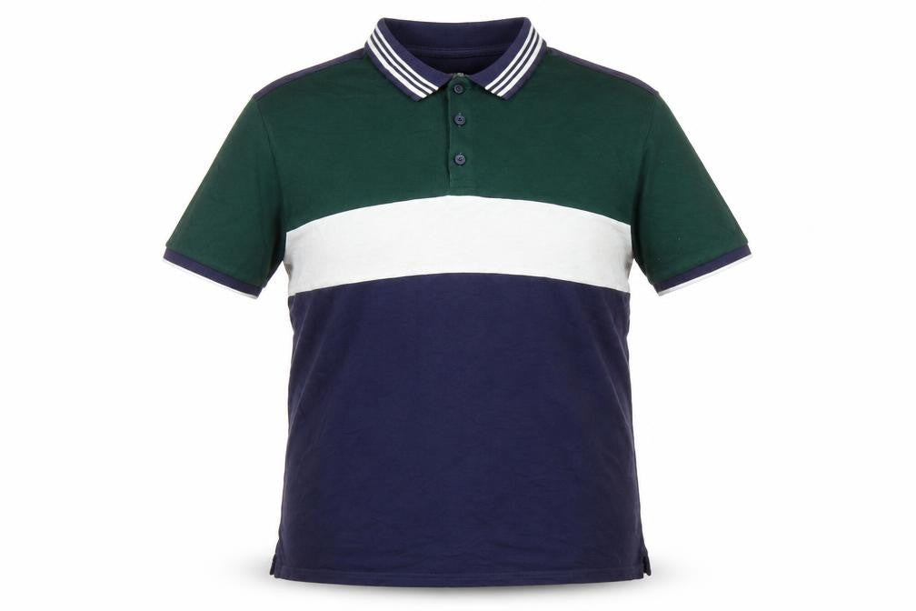 Front view of Red Herring men’s blue colourblock cotton polo, size L, collared button