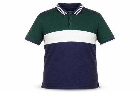 Front view of Red Herring men’s blue colourblock cotton polo, size L, collared button