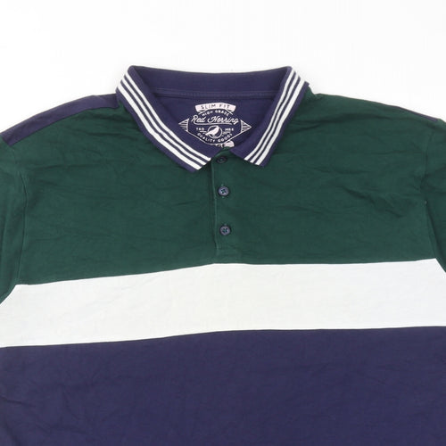 Red Herring Mens Blue Colourblock Cotton Polo Size L Collared Button