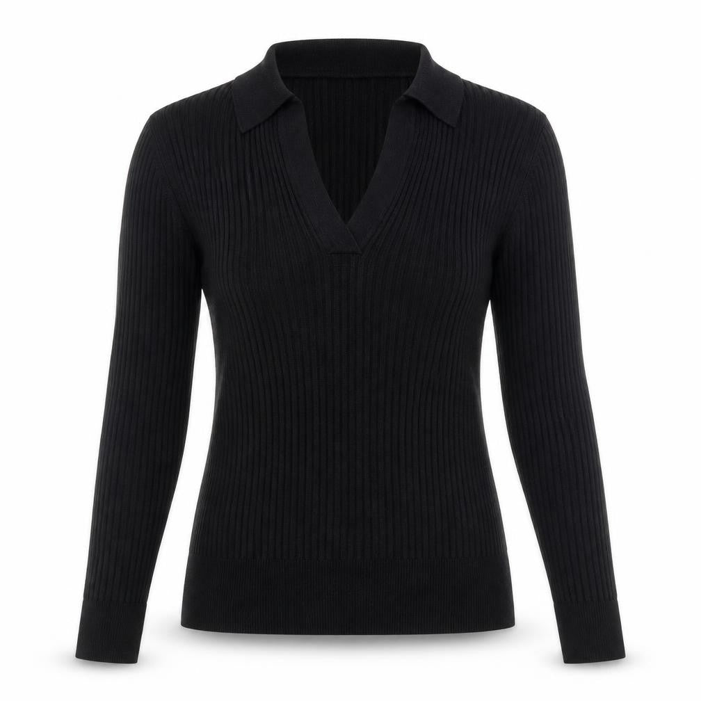 Front view of Marks & Spencer women’s black collared viscose jumper, size UK 8