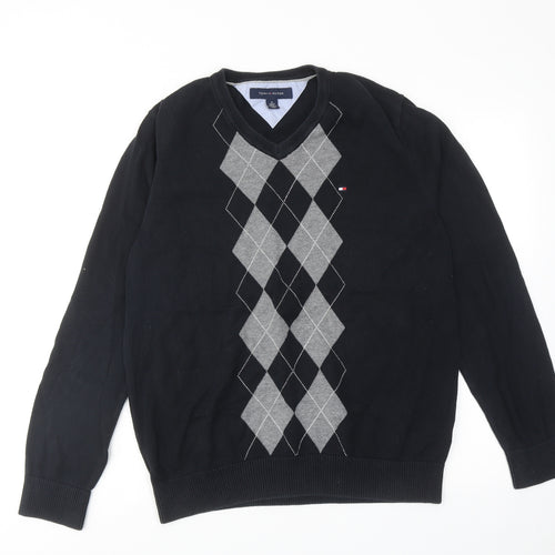 Tommy Hilfiger Mens Black V-Neck Argyle/Diamond Cotton Pullover Jumper Size M Long Sleeve