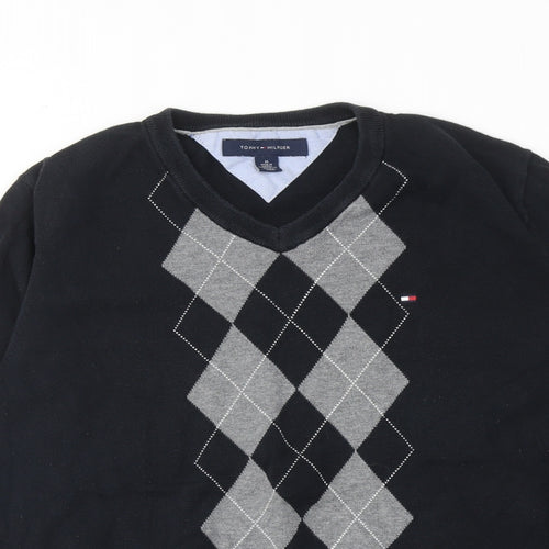 Tommy Hilfiger Mens Black V-Neck Argyle/Diamond Cotton Pullover Jumper Size M Long Sleeve