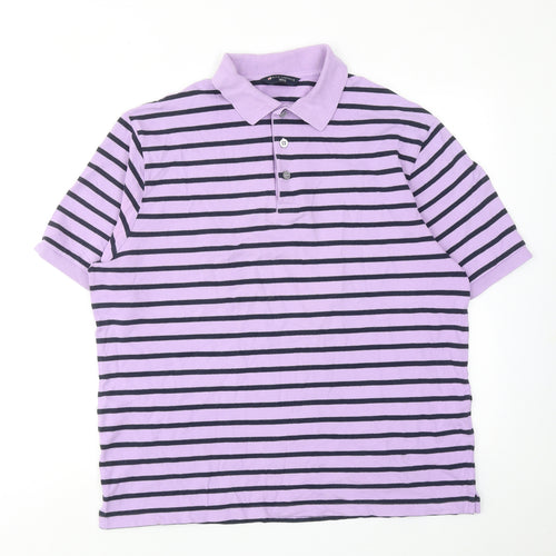 Marks and Spencer Mens Purple Striped Cotton Polo Size L Collared Button