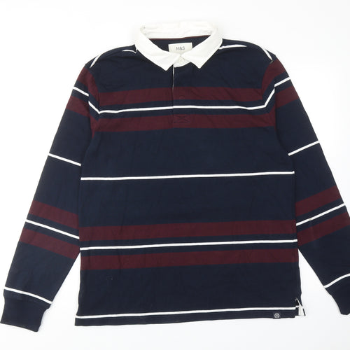 Marks and Spencer Mens Blue Striped Cotton Polo Size L Collared Button