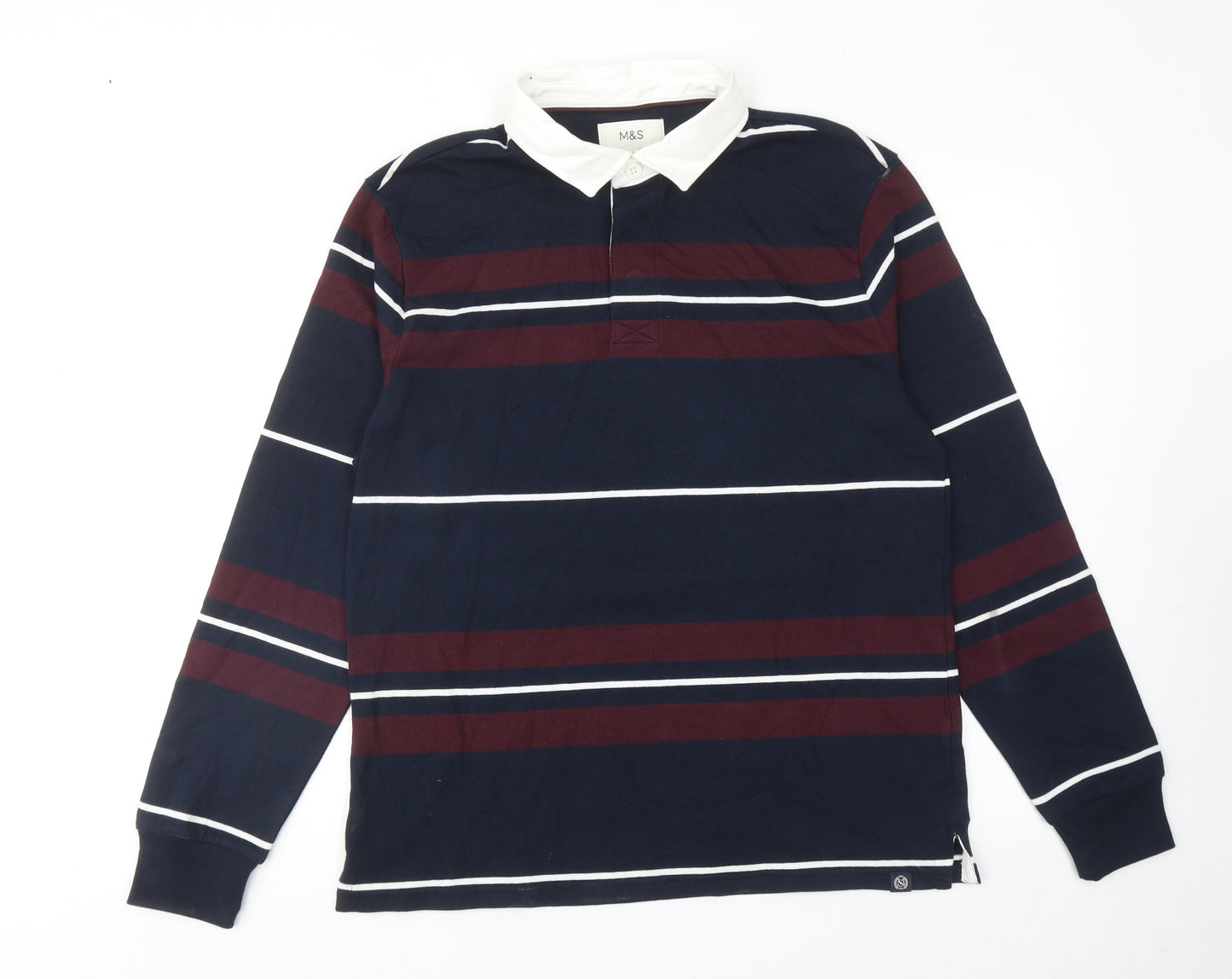 Marks and Spencer Mens Blue Striped Cotton Polo Size L Collared Button