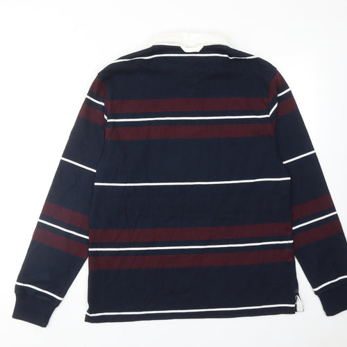 Marks and Spencer Mens Blue Striped Cotton Polo Size L Collared Button