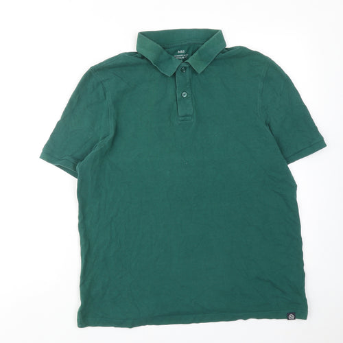 Marks and Spencer Mens Green Cotton Polo Size L Collared Button