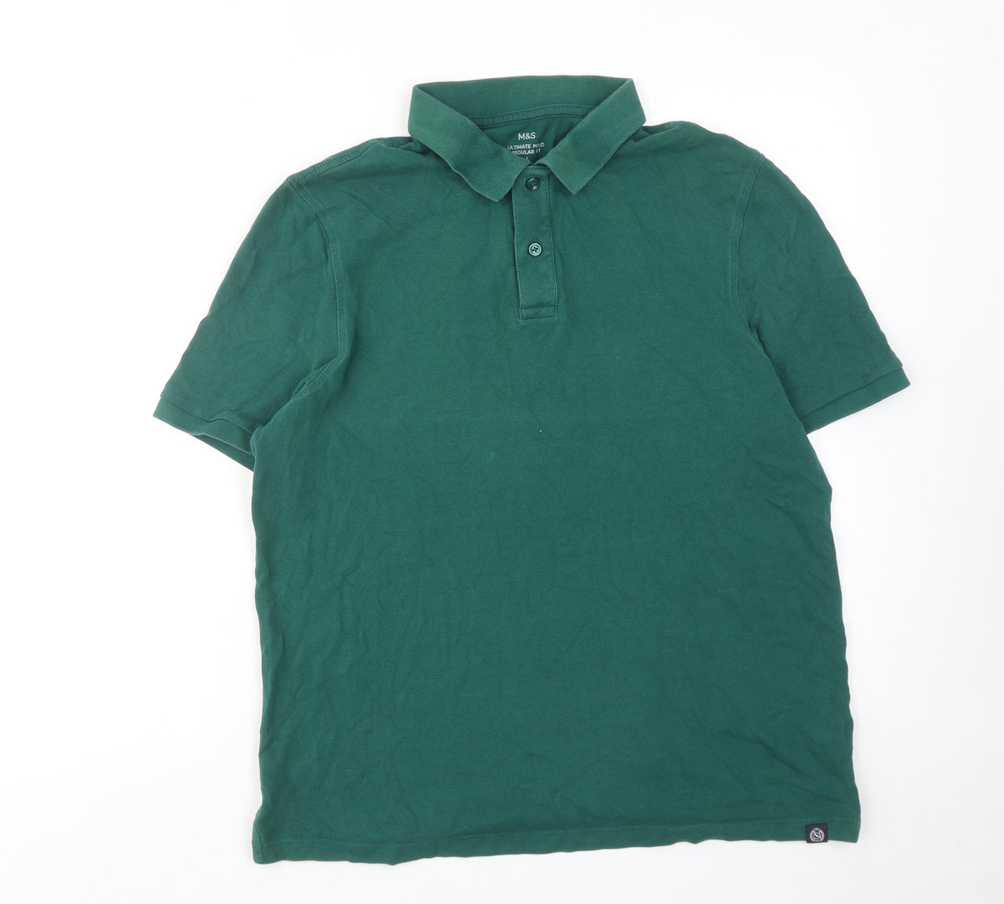 Marks and Spencer Mens Green Cotton Polo Size L Collared Button