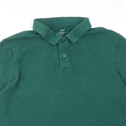Marks and Spencer Mens Green Cotton Polo Size L Collared Button