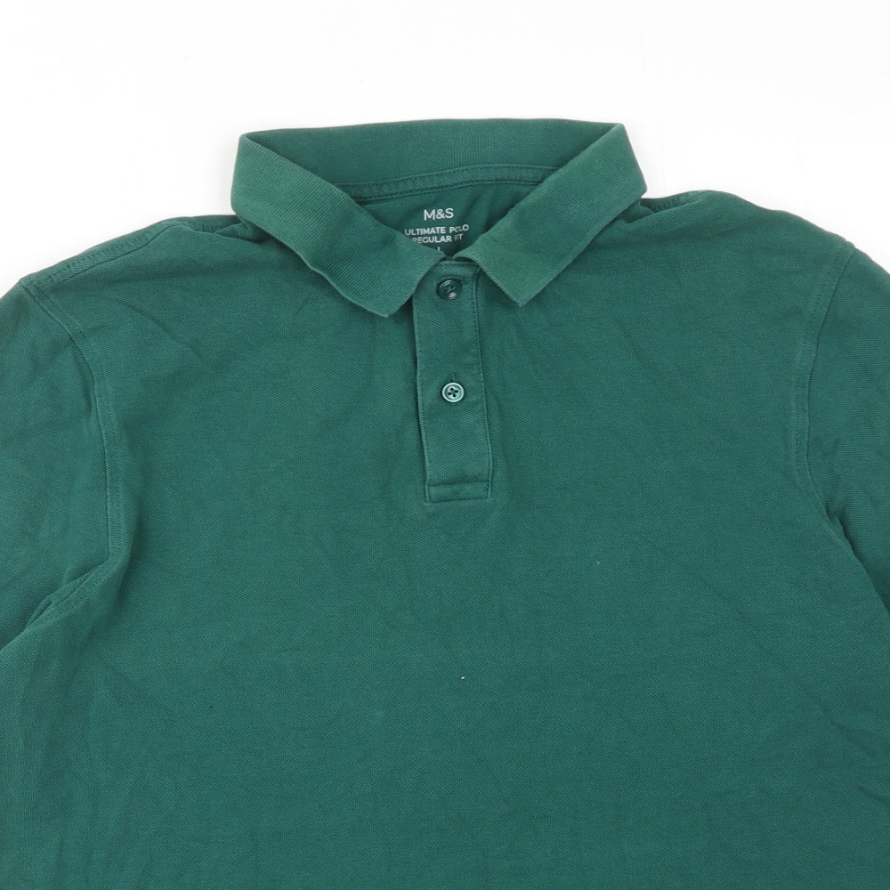 Marks and Spencer Mens Green Cotton Polo Size L Collared Button