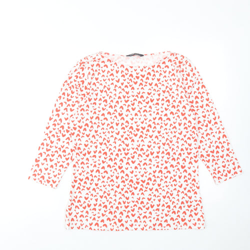 Marks and Spencer Womens Red Geometric Cotton Basic T-Shirt Size 14 Boat Neck - Heart Pattern