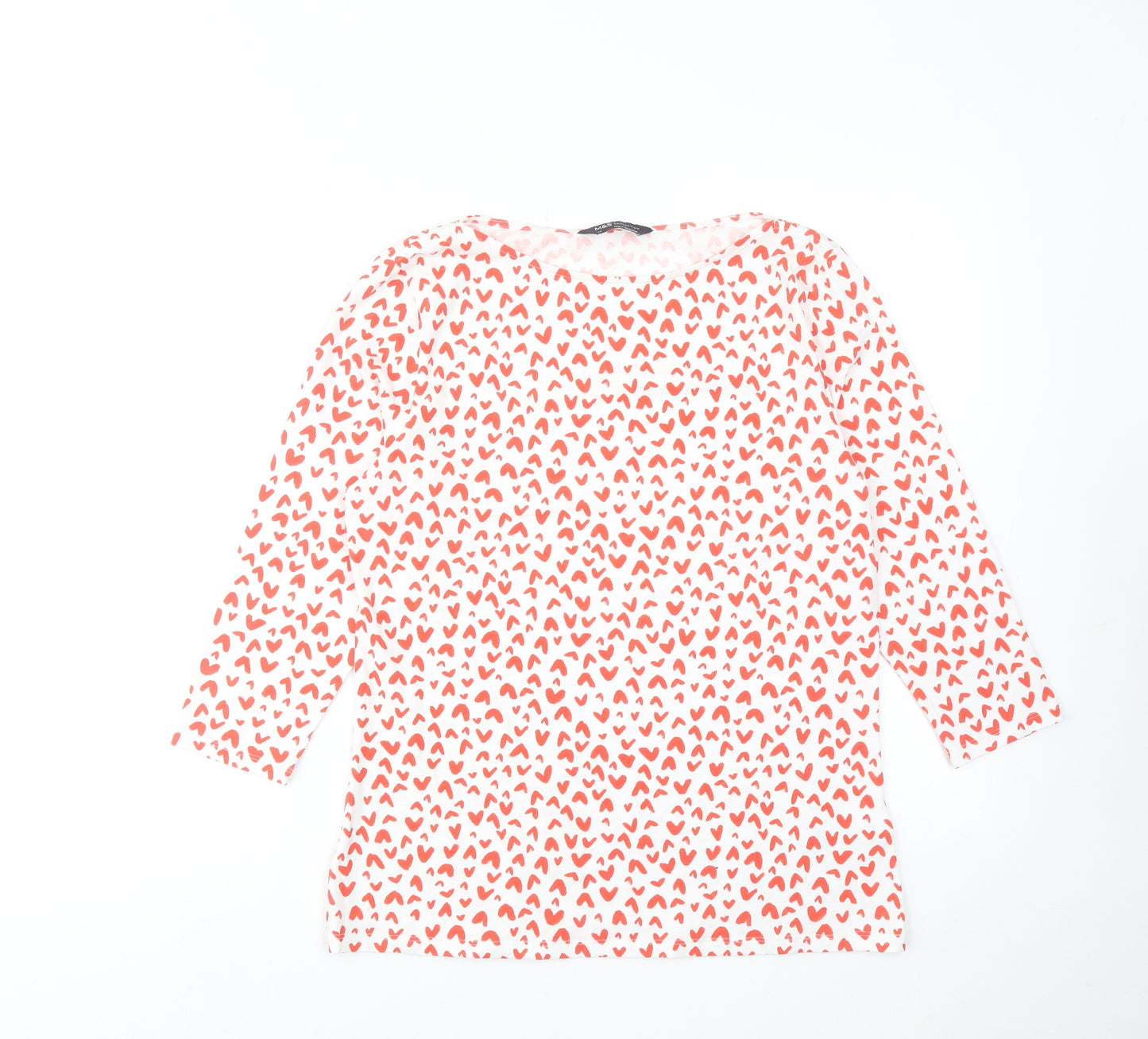 Marks and Spencer Womens Red Geometric Cotton Basic T-Shirt Size 14 Boat Neck - Heart Pattern